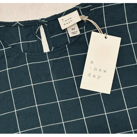 Christmas Dark Green Plaid Blouse Peplum Windowpane Puffed Sleeves A New Day XS - Picture 2 of 4